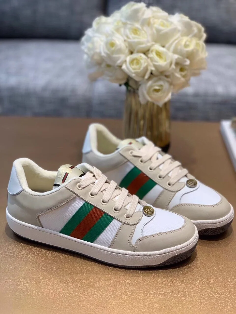 (1:1 replica) Gucci Women s Screener Sneaker With Web Beige/White For Women GG