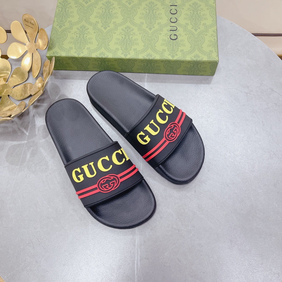 (1:1 replica) Gucci Women s Logo Rubber Slide Black Red And Yellow For Women 522887