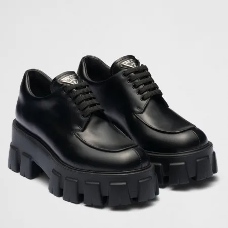 (1:1 replica) Prada Monolith Lace-up Shoes in Black Brushed Leather PRL007