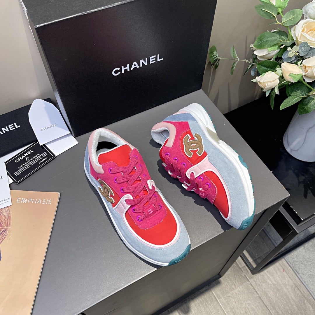 (1:1 replica) Chanel Nylon Trainer Sneakers Lambskin Suede Leather Spring/Summer Collection Orange/Blue/Pink
