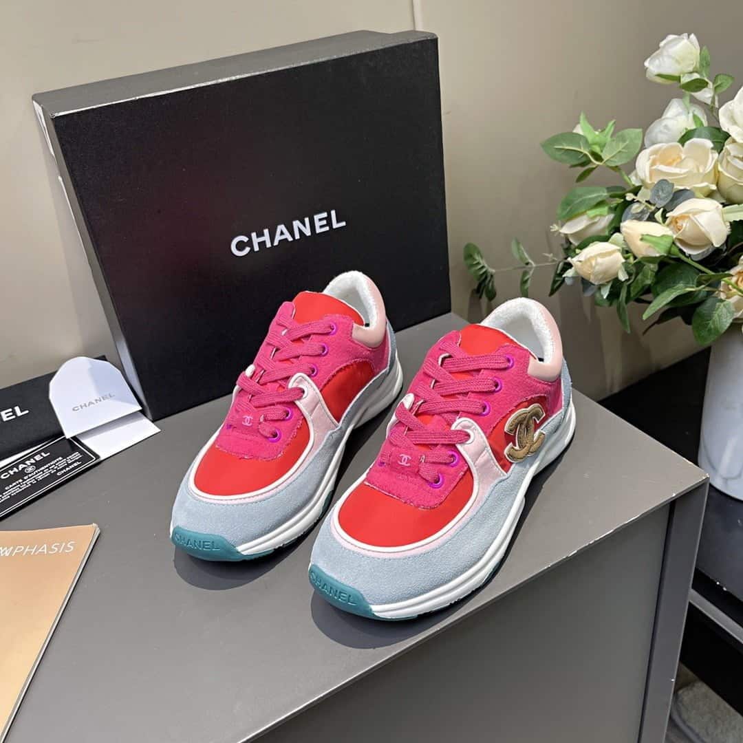 (1:1 replica) Chanel Nylon Trainer Sneakers Lambskin Suede Leather Spring/Summer Collection Orange/Blue/Pink
