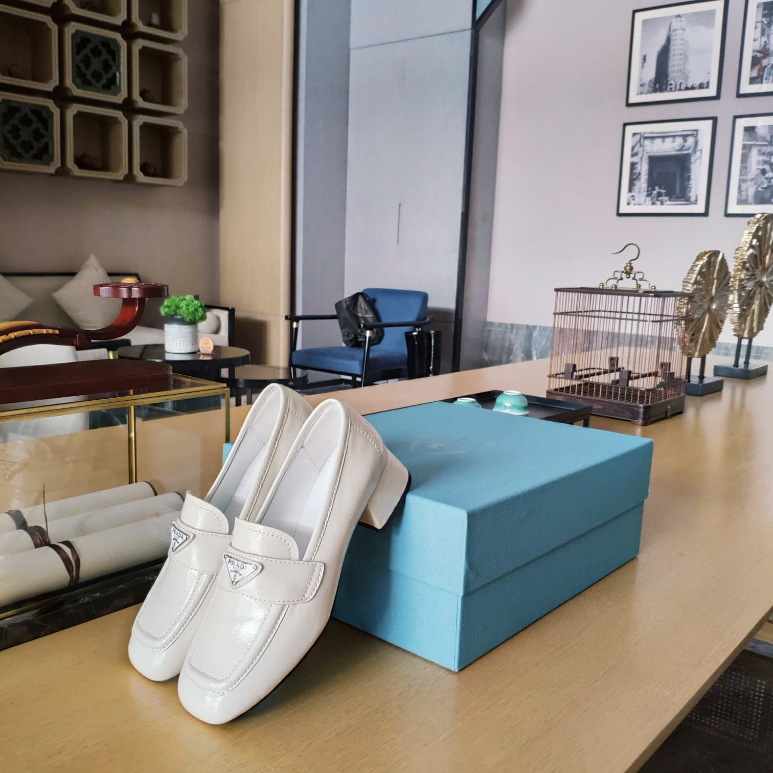 (1:1 replica) Prada Patent Loafers White For Women 1.8in/45mm PRD