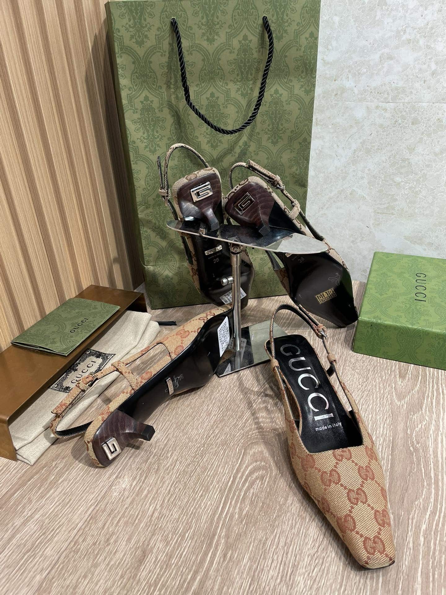 (1:1 replica) Gucci Women s GG lingback Pump By Canvas Fabric Brown For Women GG 675441 9SF10 2583