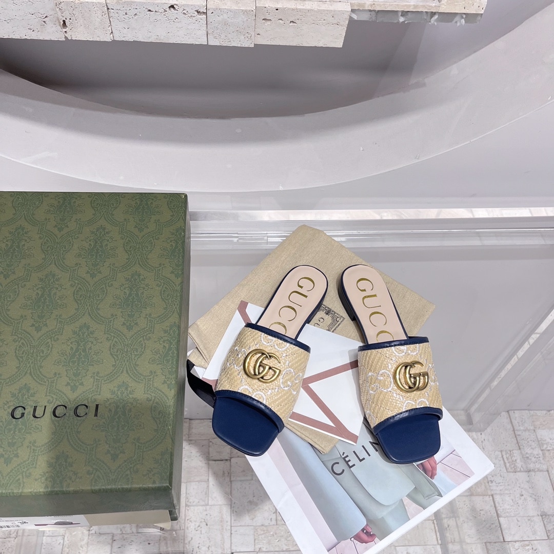 (1:1 replica) Gucci Women s GG Raffia Effect Slide Purple For Women GG