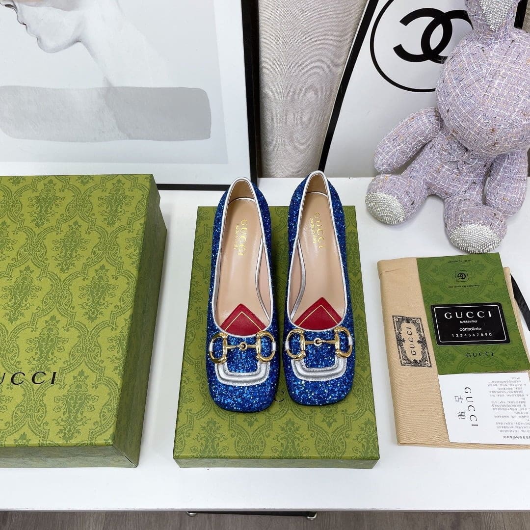 (1:1 replica) Gucci Lovelight Mid-Heel Crystal Ballet Flat With Horsebit Blue For Women GG