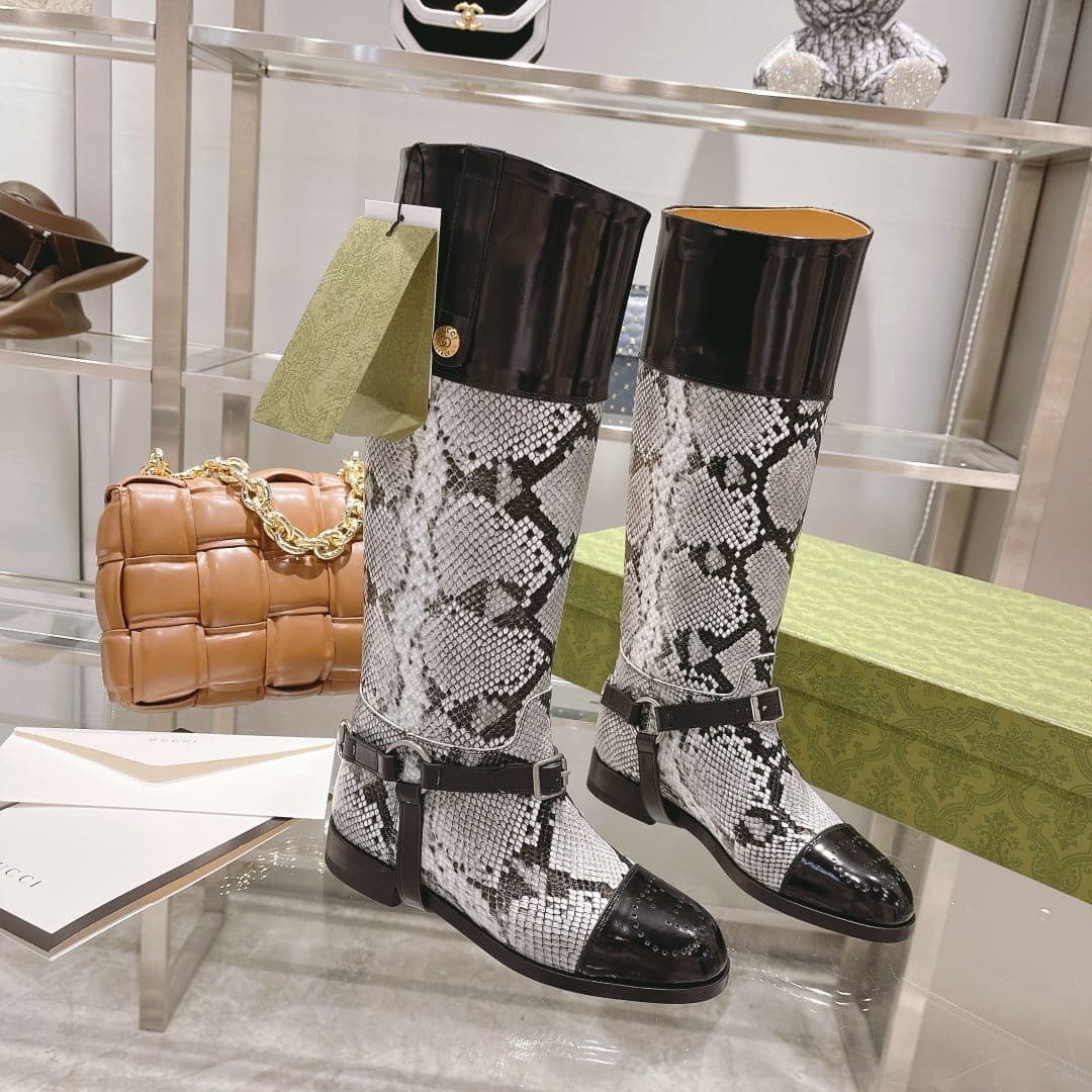 (1:1 replica) Gucci Knee-High Python Boot With Harness White For Women GG