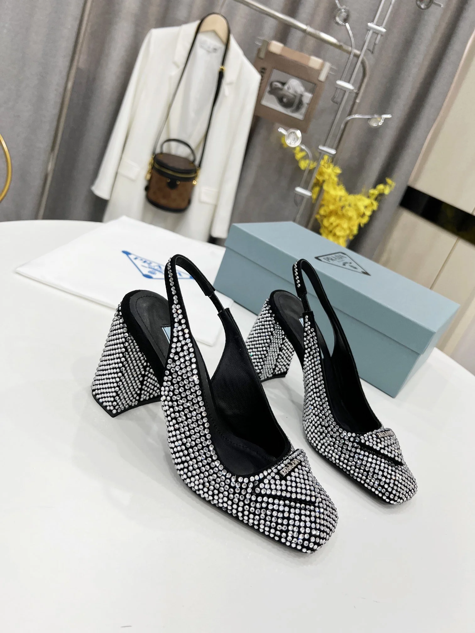 (1:1 replica) Prada Satin Sling-Back Pumps With Crystals Silver For Women 3.5in/90mm PRD