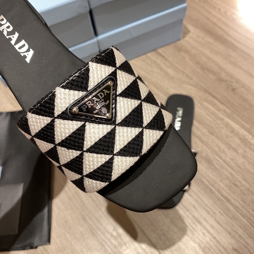 (1:1 replica) Prada Embroidered Fabric Slides Black/White For Women 0.4in/10mm PRD
