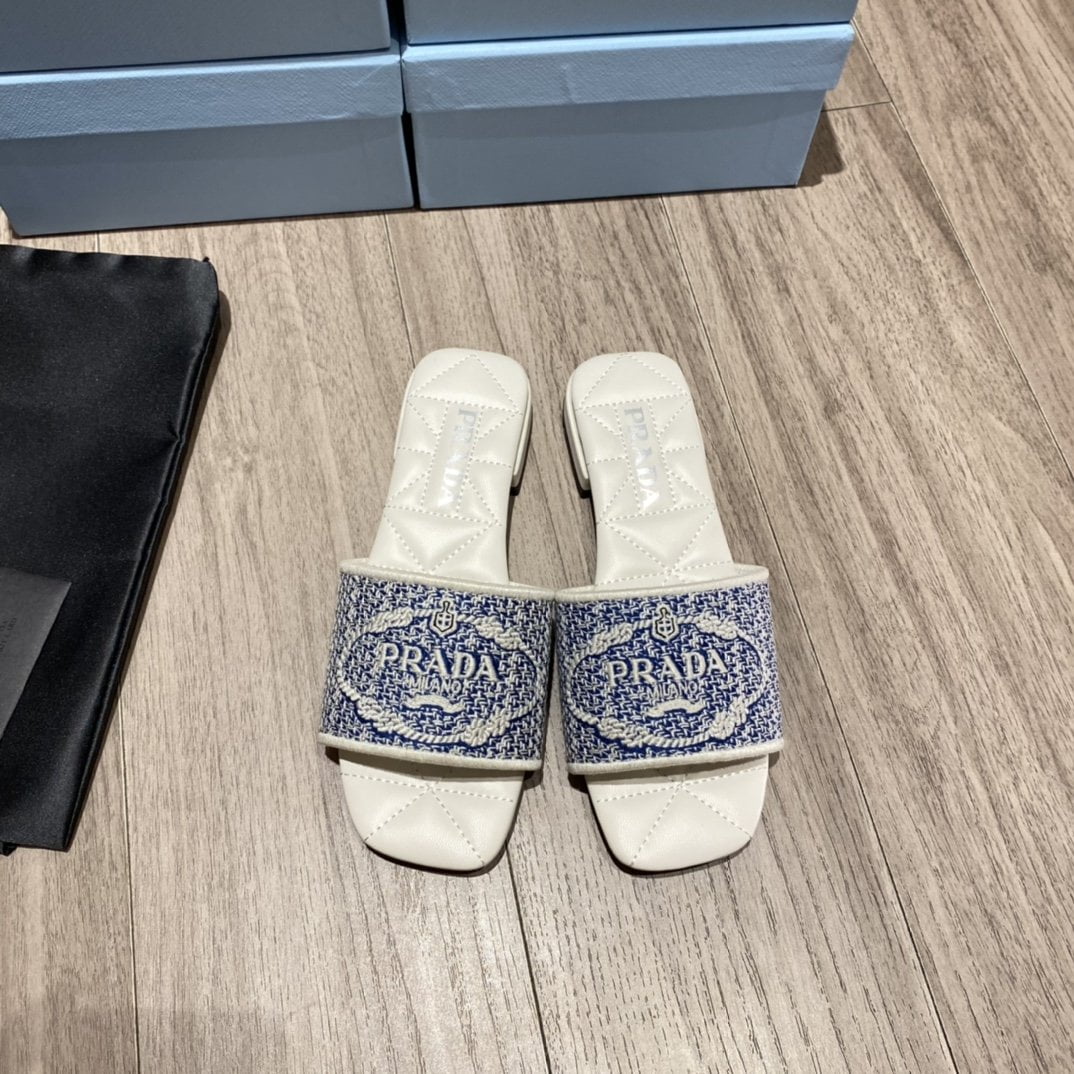 (1:1 replica) Prada Embroidered Fabric Slides Blue For Women 0.4in/10mm PRD