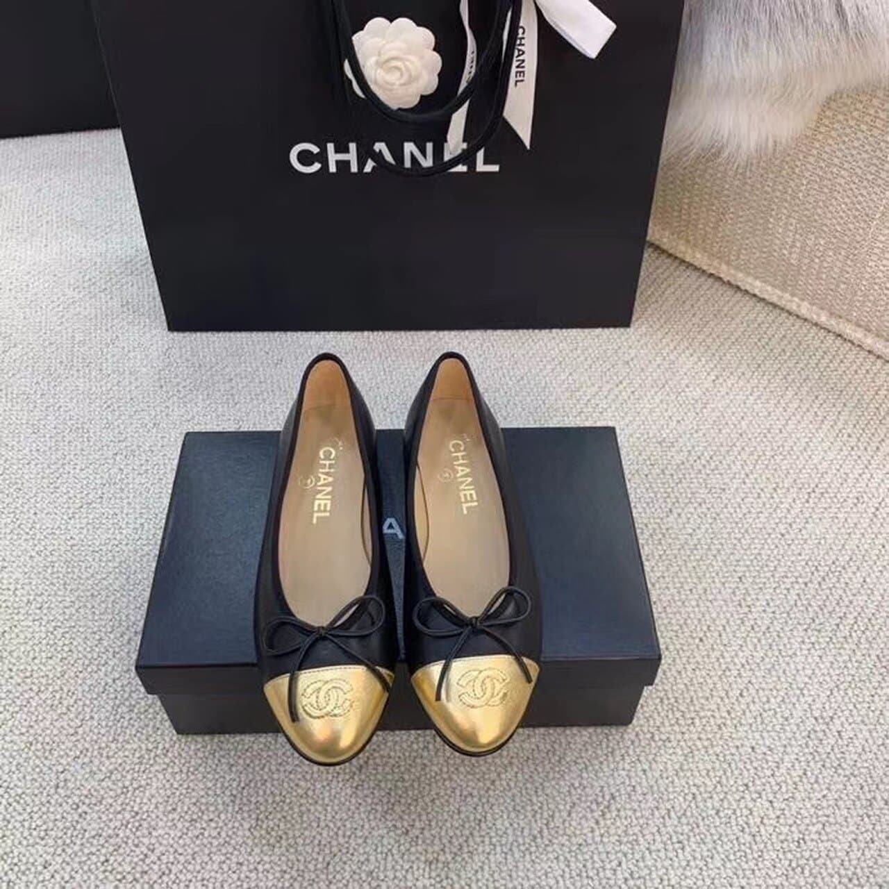 (1:1 replica) Chanel Ballerina Flats Black/Gold For Women, Women s Shoes G02819