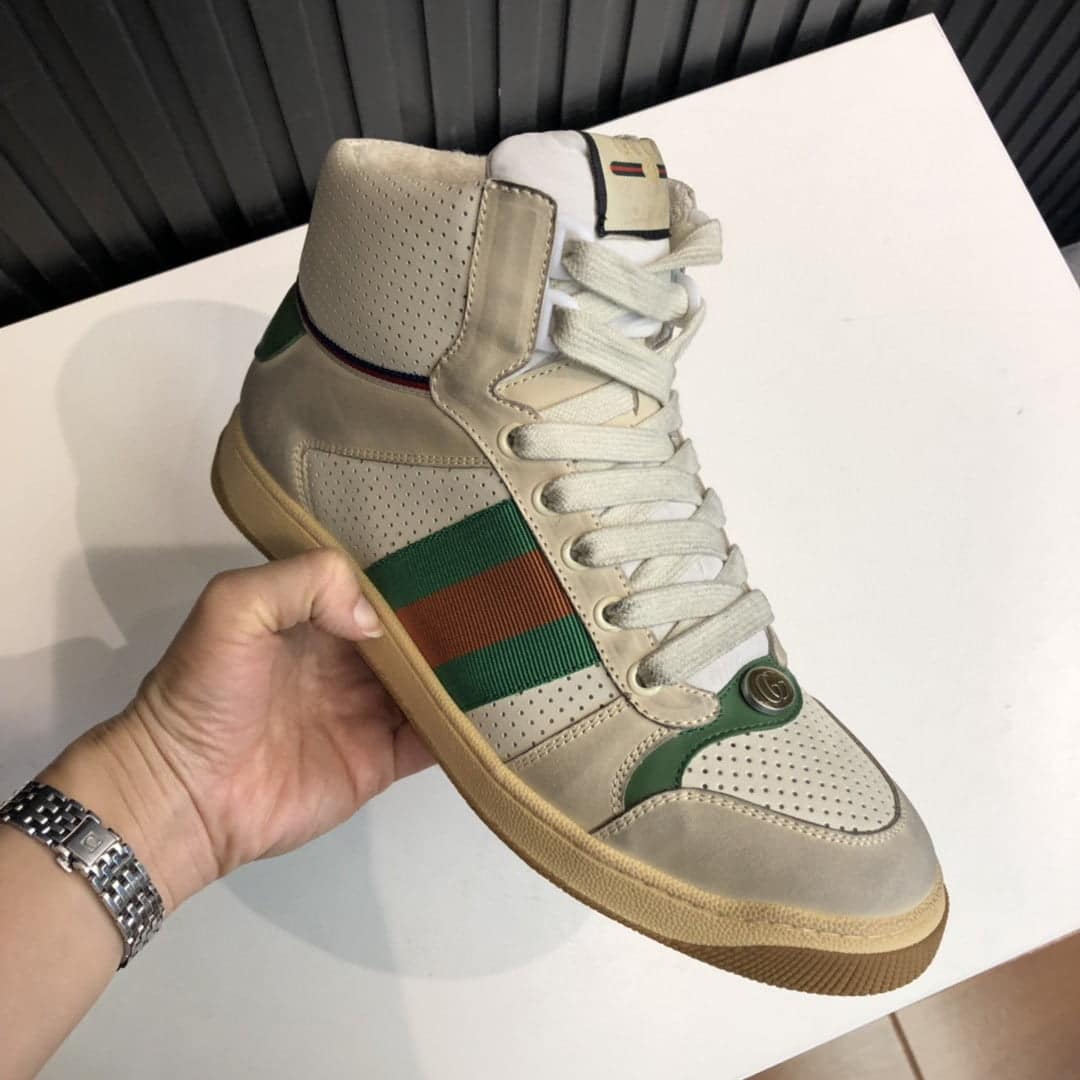 (1:1 replica) Gucci Women s Screener Distressed High Top Off-White Green For Women 5637309