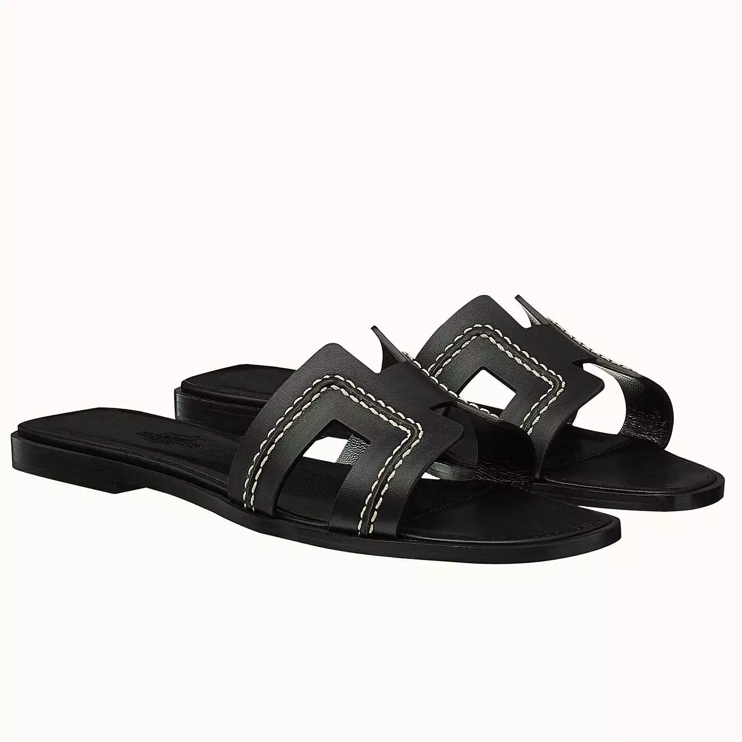 (1:1 replica) HERMES ORAN SLIDE SANDALS IN BLACK LEATHER WITH STITCHED HMSD044