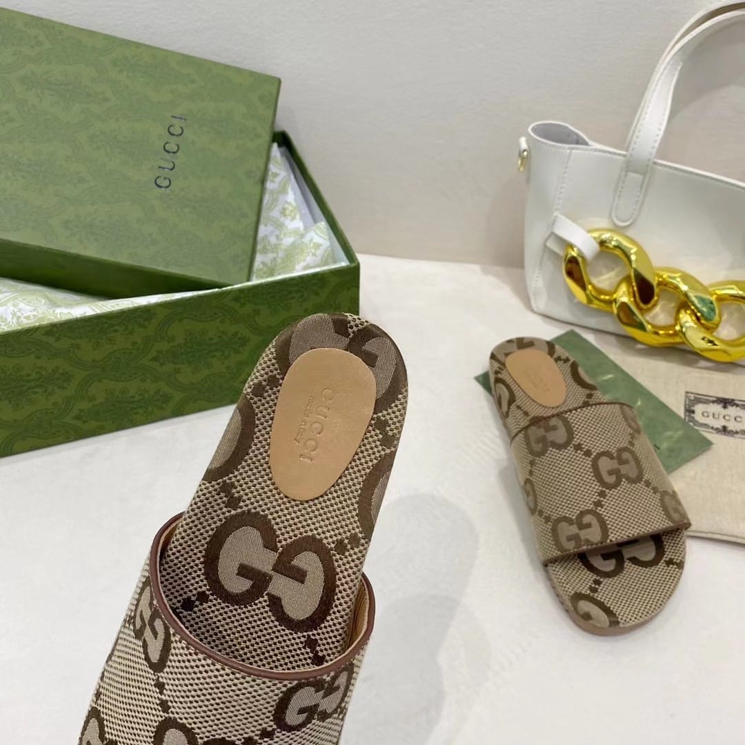 (1:1 replica) Gucci Platform Slide Sandal By Canvas Fabric Brown For Women GG