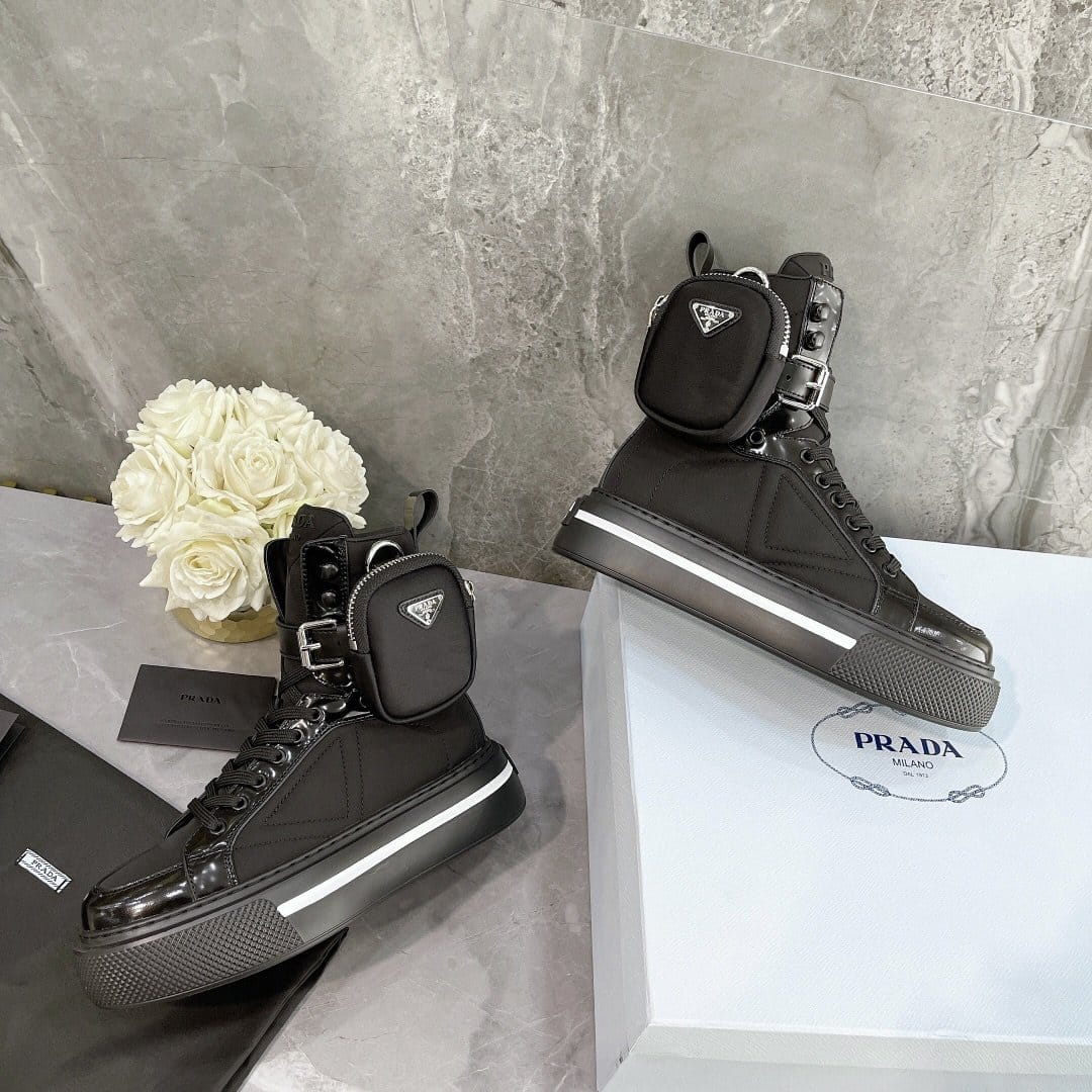 (1:1 replica) Prada Macro Re-Nylon And Brushed High-Top Sneakers Black For Women 1.8in/45mm PRD