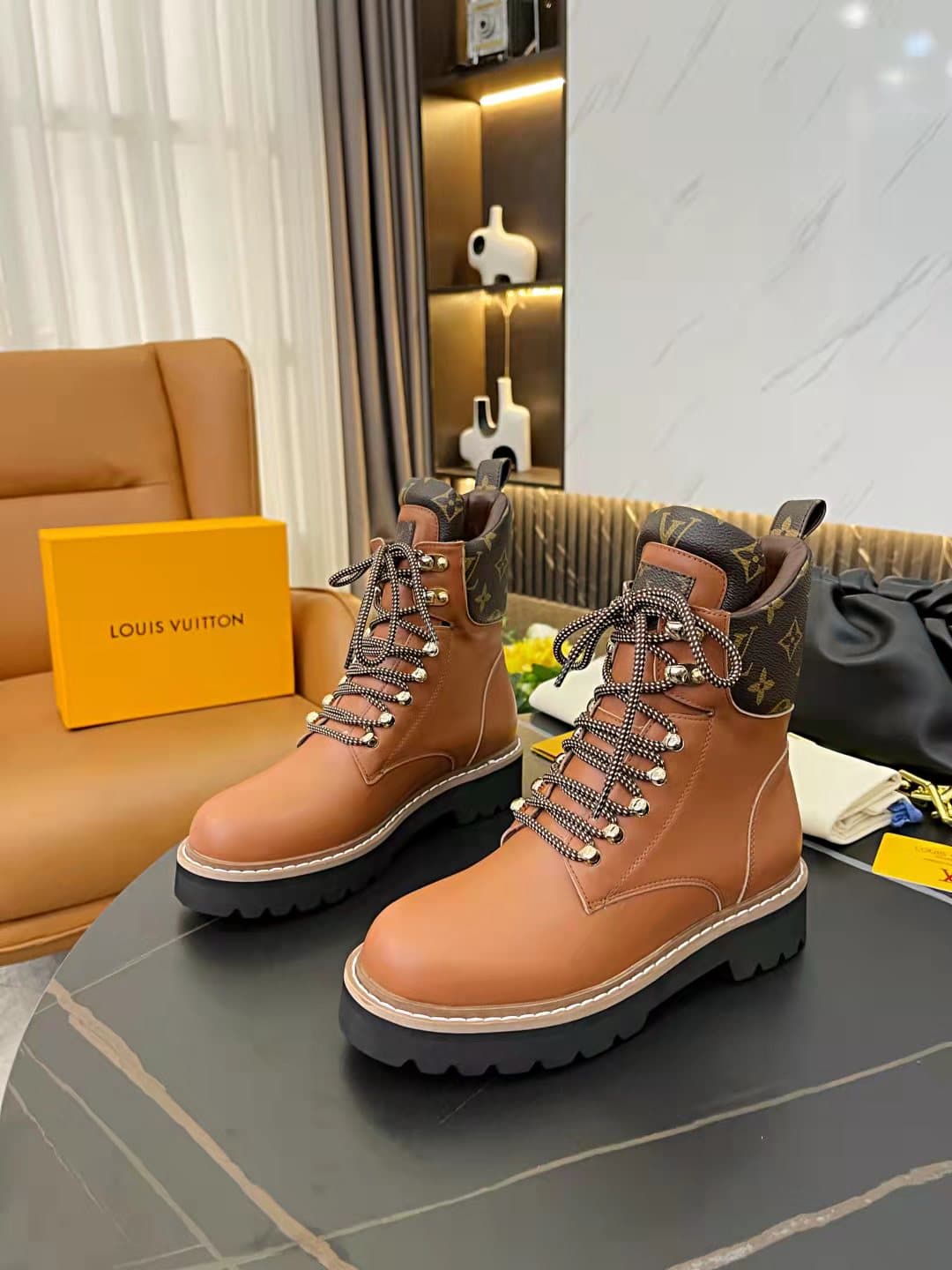 (1:1 replica) Louis Vuitton Women s Territory Flat Military Boot Brown For Women LV