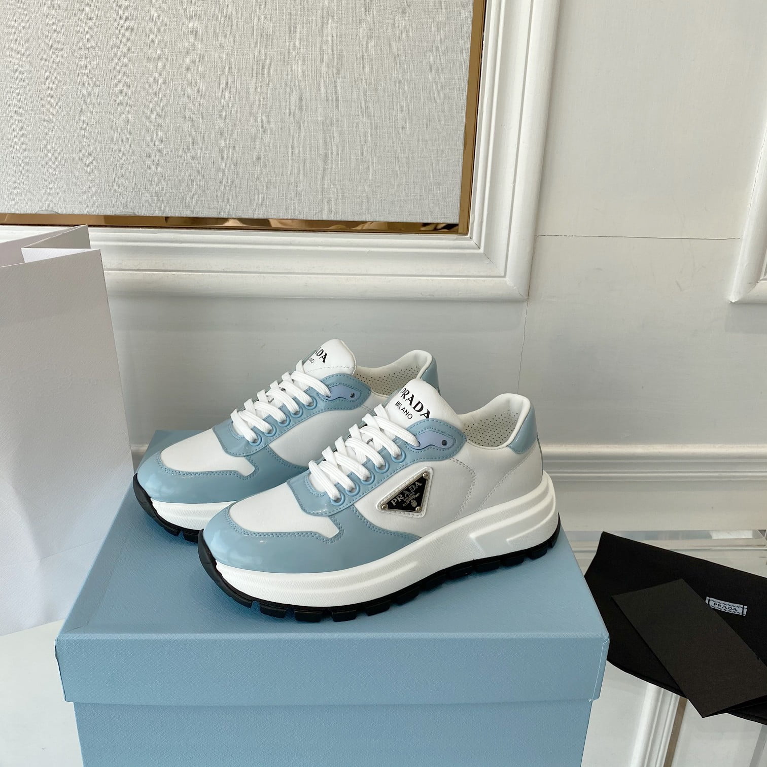 (1:1 replica) Prada Prax 01 Re-Nylon And Brushed Sneakers White And Blue For Women 1.8in/45mm PRD