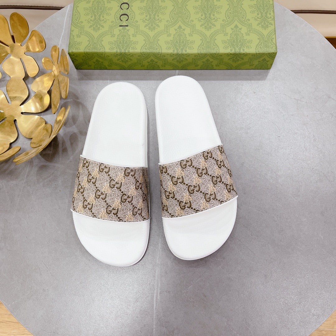 (1:1 replica) Gucci Women s GG Slide Sandal With Bees White And Brown For Women 407345