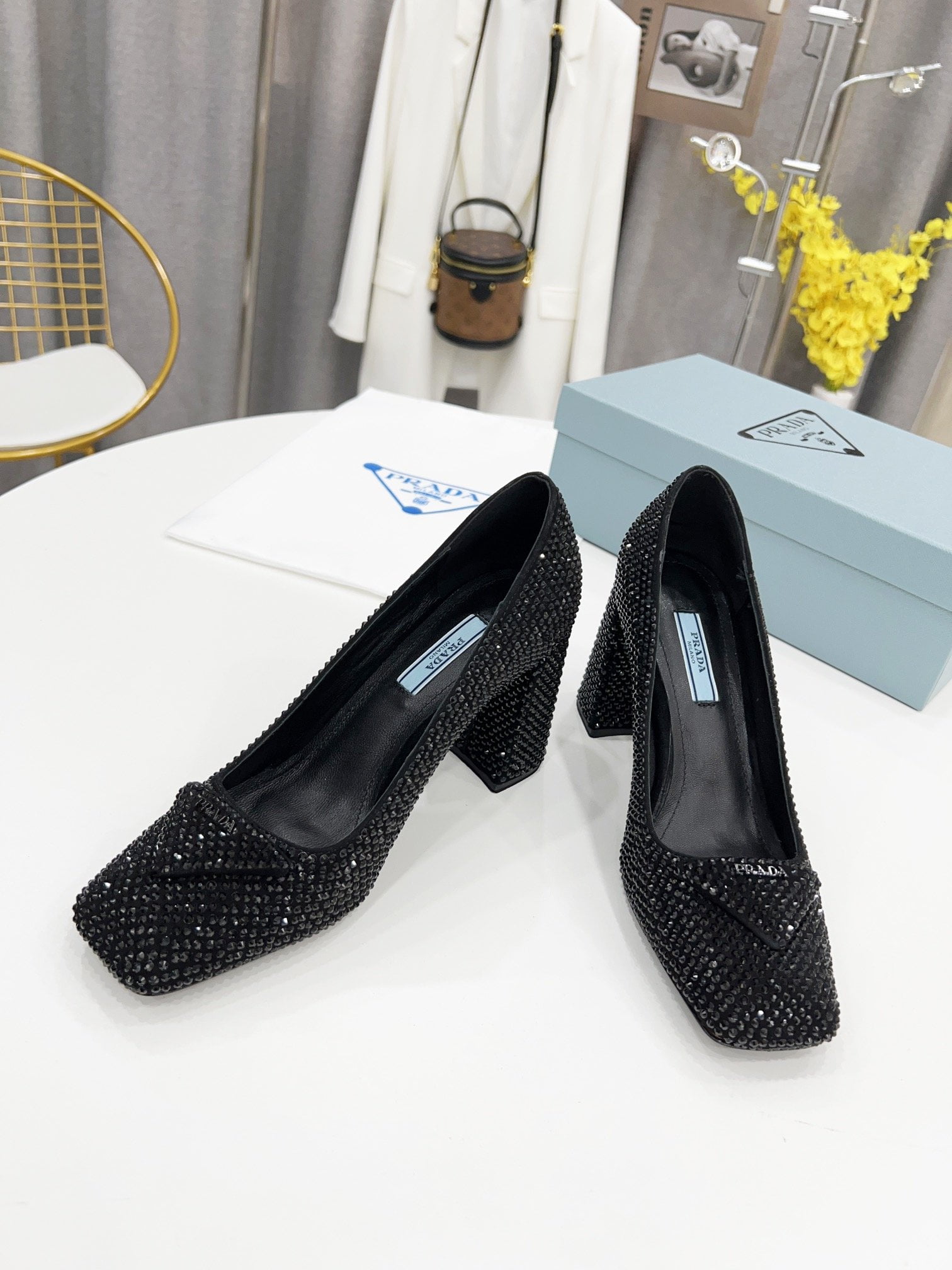 (1:1 replica) Prada Satin Pumps With Crystals Black For Women 3.5in/90mm PRD