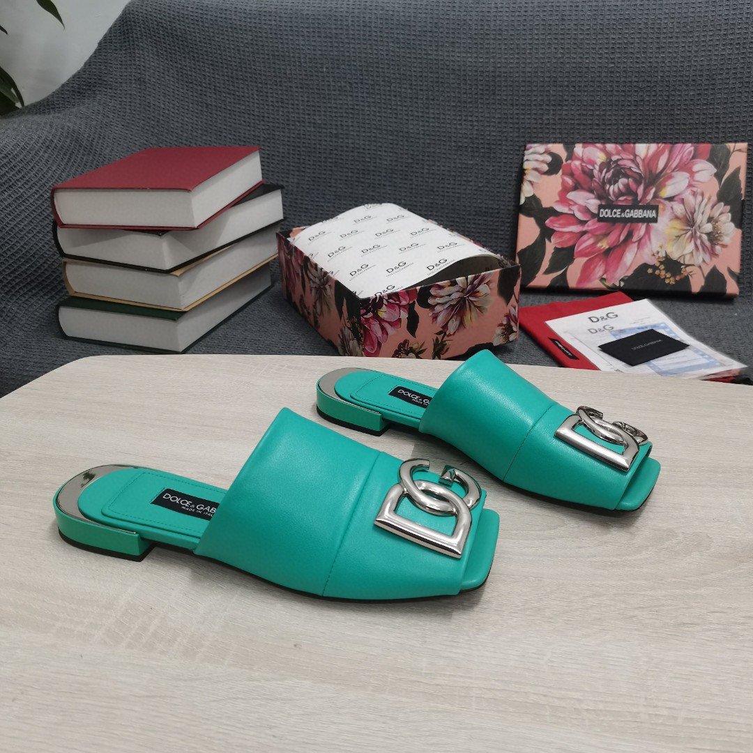 (1:1 replica) Dolce Gabbana Nappa Slides With DG Logo Jade Green For Women DG Shoes