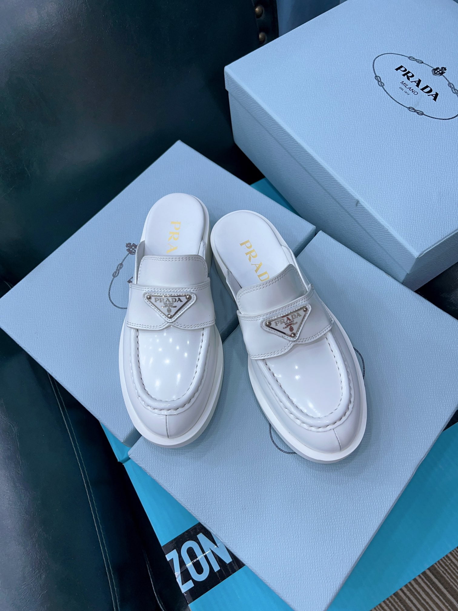 (1:1 replica) Prada Chocolate Brushed Mules White For Women 1.6in/40mm PRD 1D652M_055_F0009_F_040