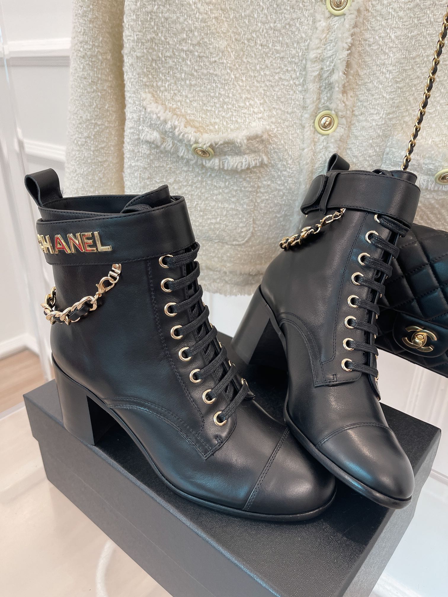 (1:1 replica) Chanel Women s Lace-Up With Chain Black For Women 3.7in/9.5cm