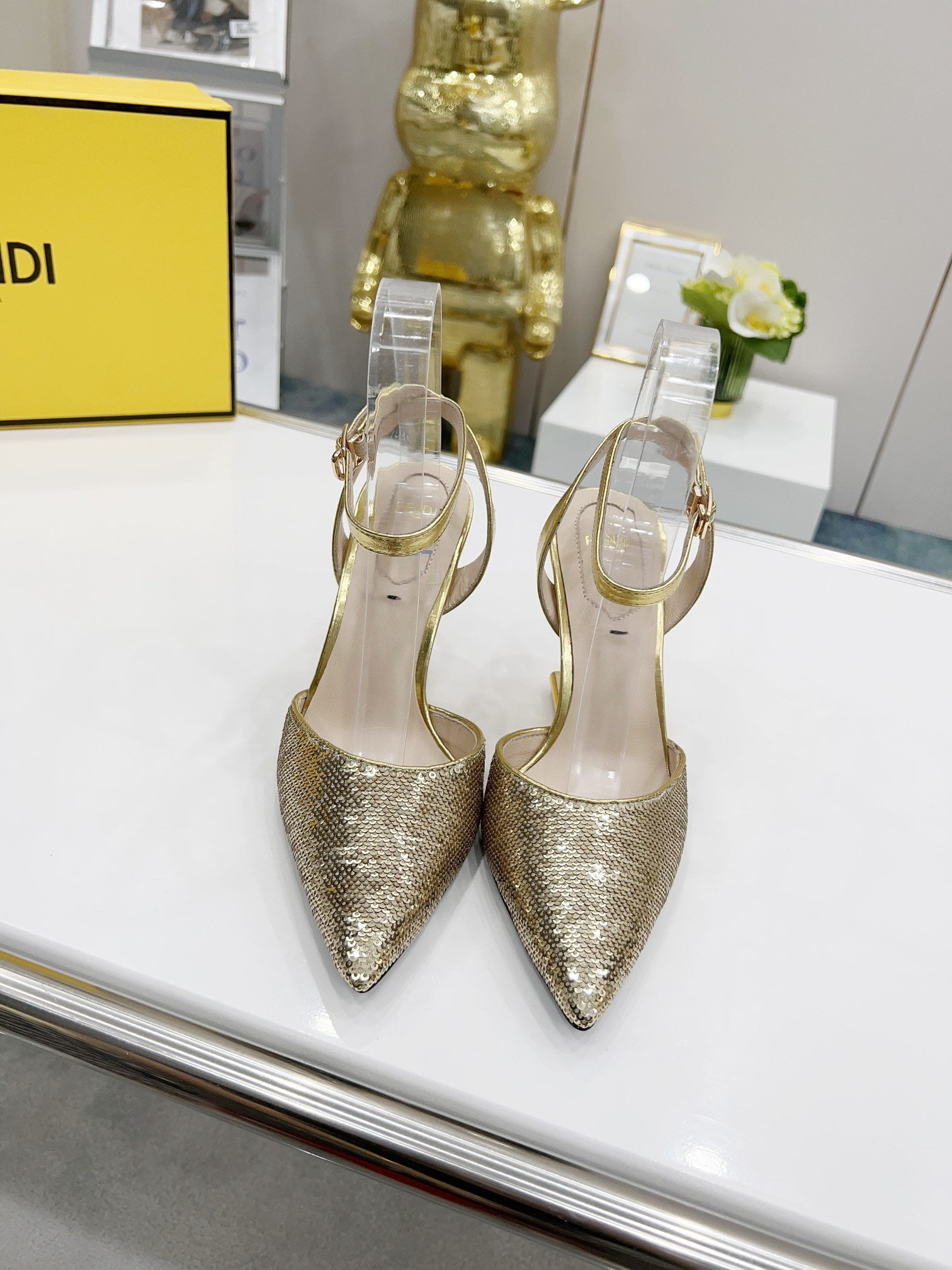 (1:1 replica) Fendi First Gold Glitter High-Heeled Slingbacks For Women