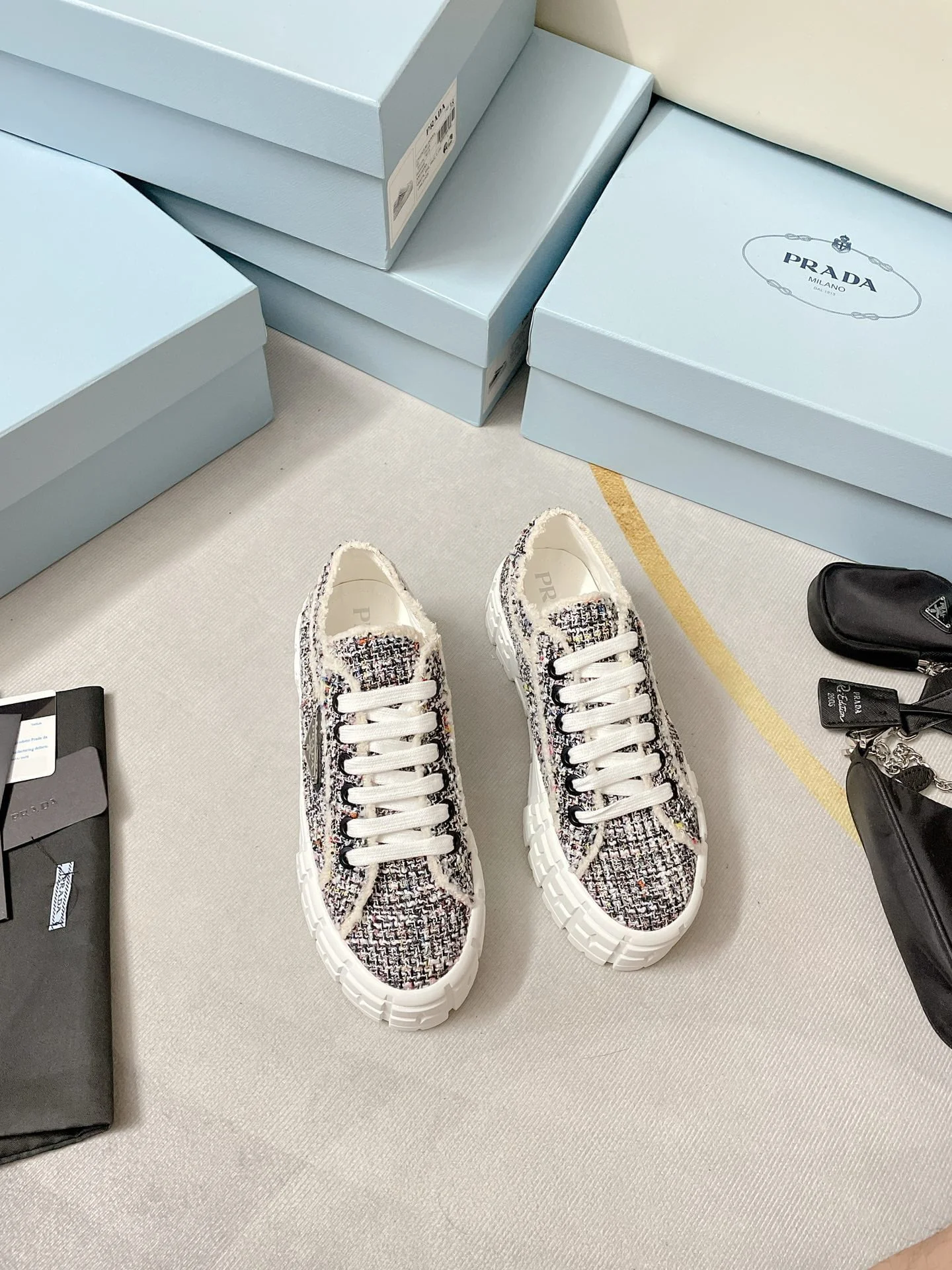 (1:1 replica) Prada Double Wheel Gabardine Sneakers Black For Women 2in/50mm PRD