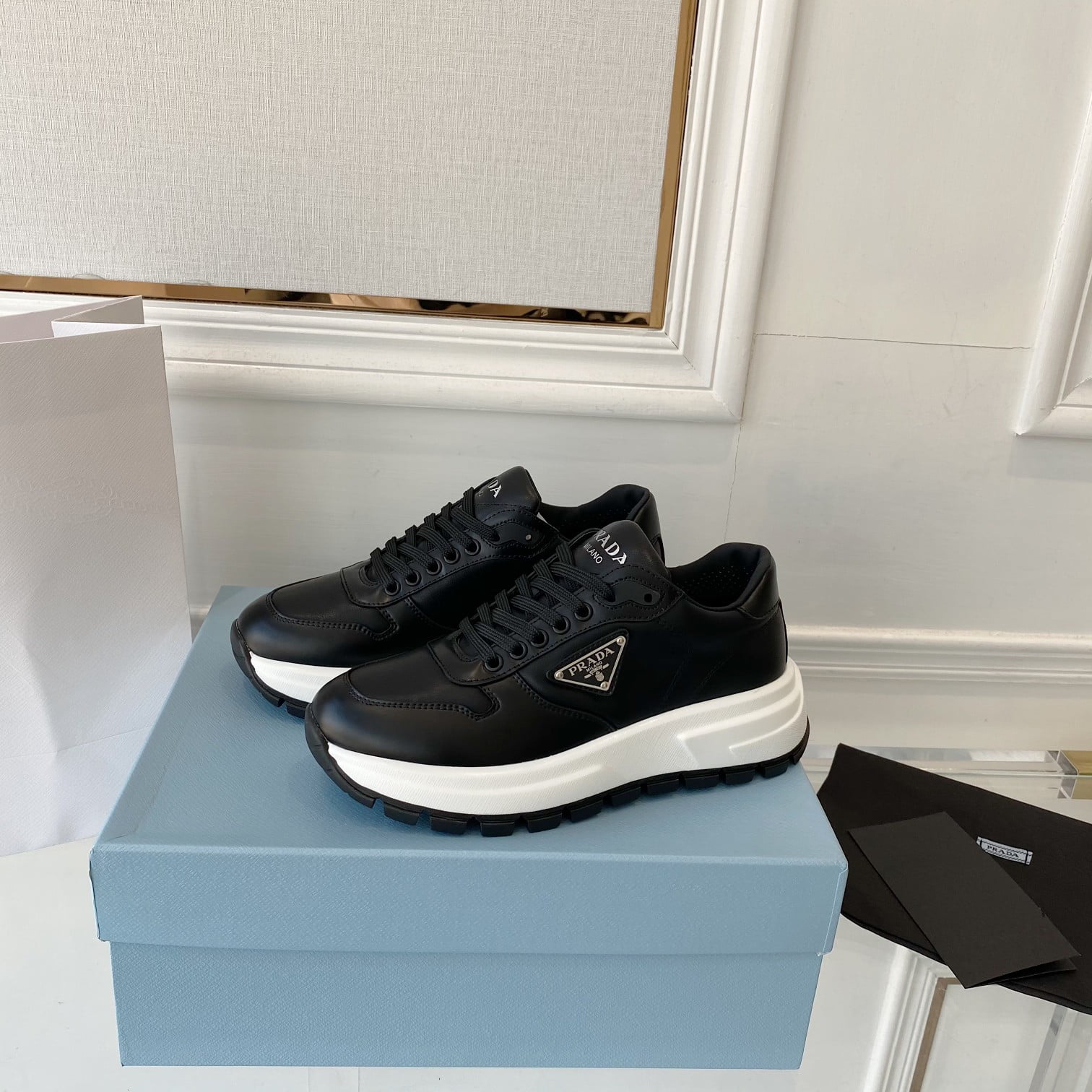 (1:1 replica) Prada Prax 01 Re-Nylon And Brushed Sneakers Black For Women 1.8in/45mm PRD 1E804M 3LKI F0632