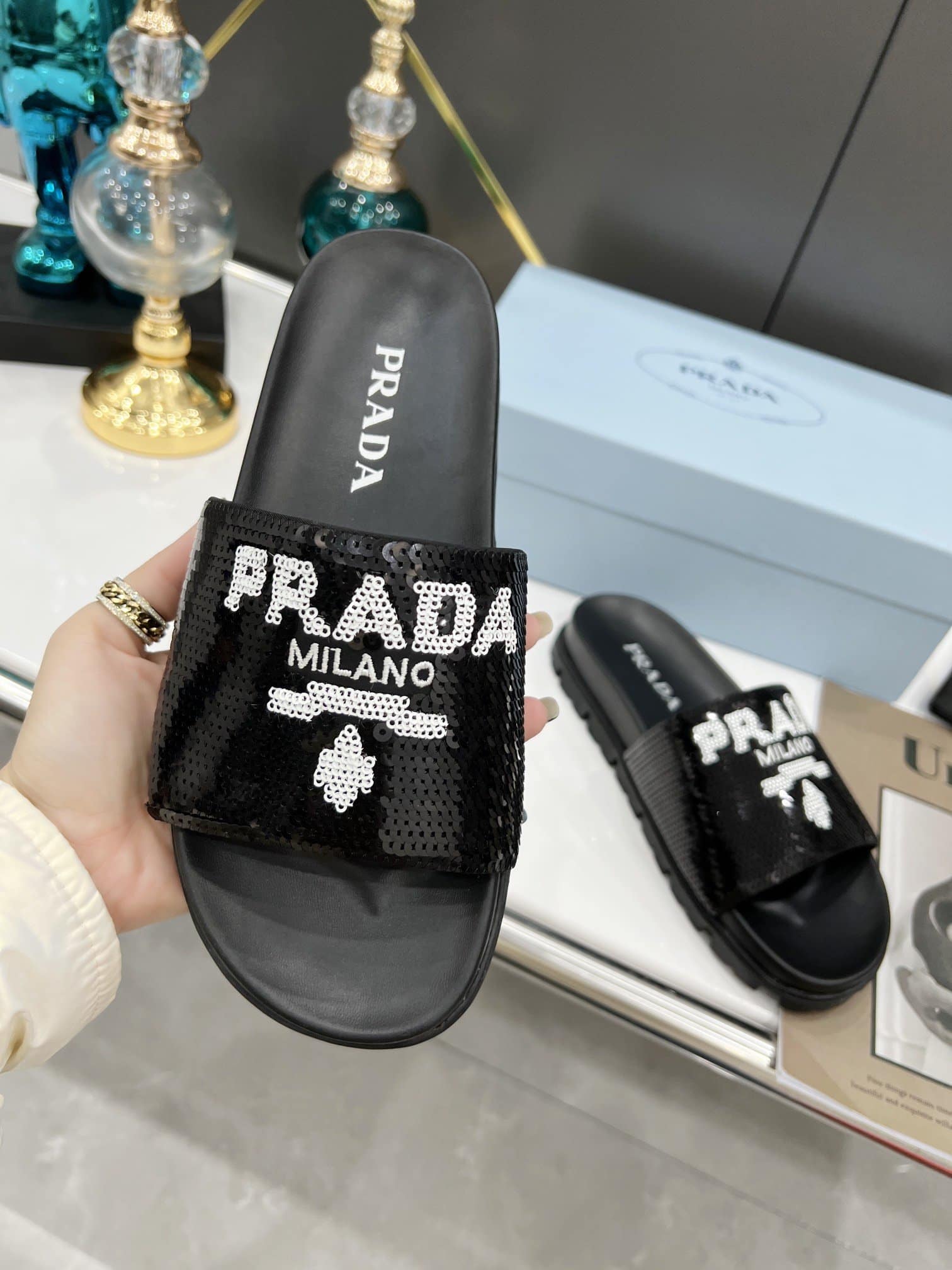 (1:1 replica) Prada Logo Detailed Sequin Slides Black For Women 1.4in/35mm PRD 1XX603F020959