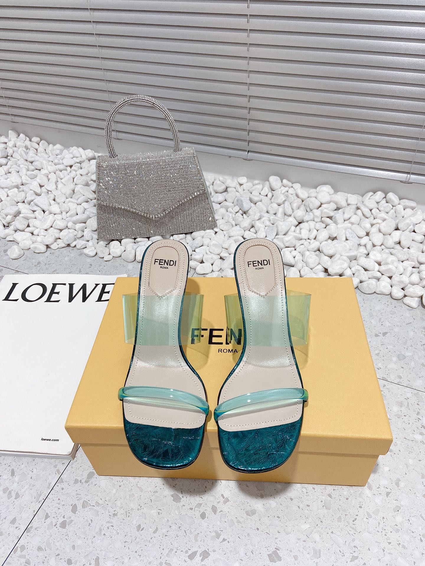 (1:1 replica) Fendi First Dark Green Transparent Medium-Heeled Sandals For Women