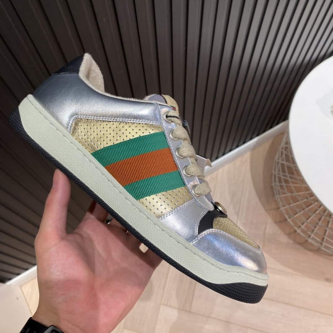 (1:1 replica) Gucci Women s Screener Low Top Sneakers Silver Gold For Women 627833 1TR20 8162