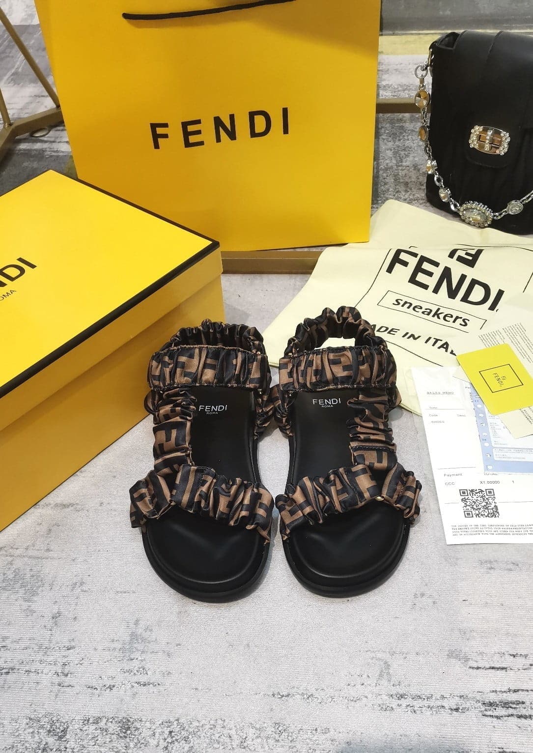 (1:1 replica) Fendi Feel Brown Satin Sandals For Women 8X8291AE7SF0R7V