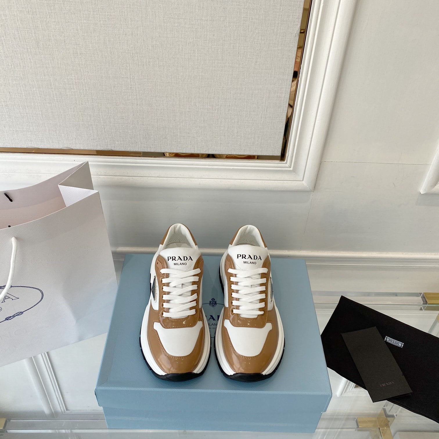 (1:1 replica) Prada Prax 01 Re-Nylon And Brushed Sneakers Brown And White For Women 1.8in/45mm PRD