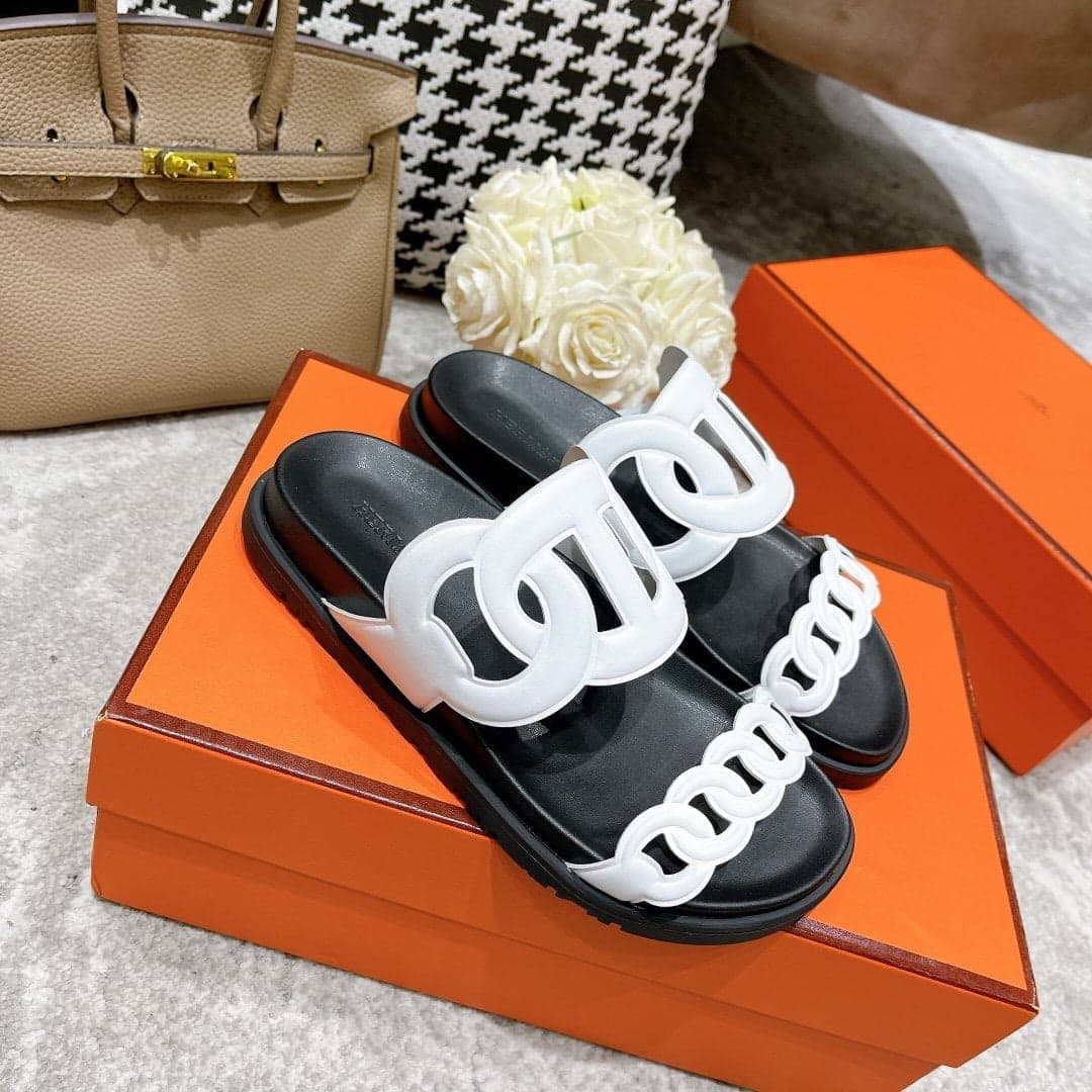 (1:1 replica) Hermes Extra Sandal Black/White For Women, Women s Shoes H221146Z 90350