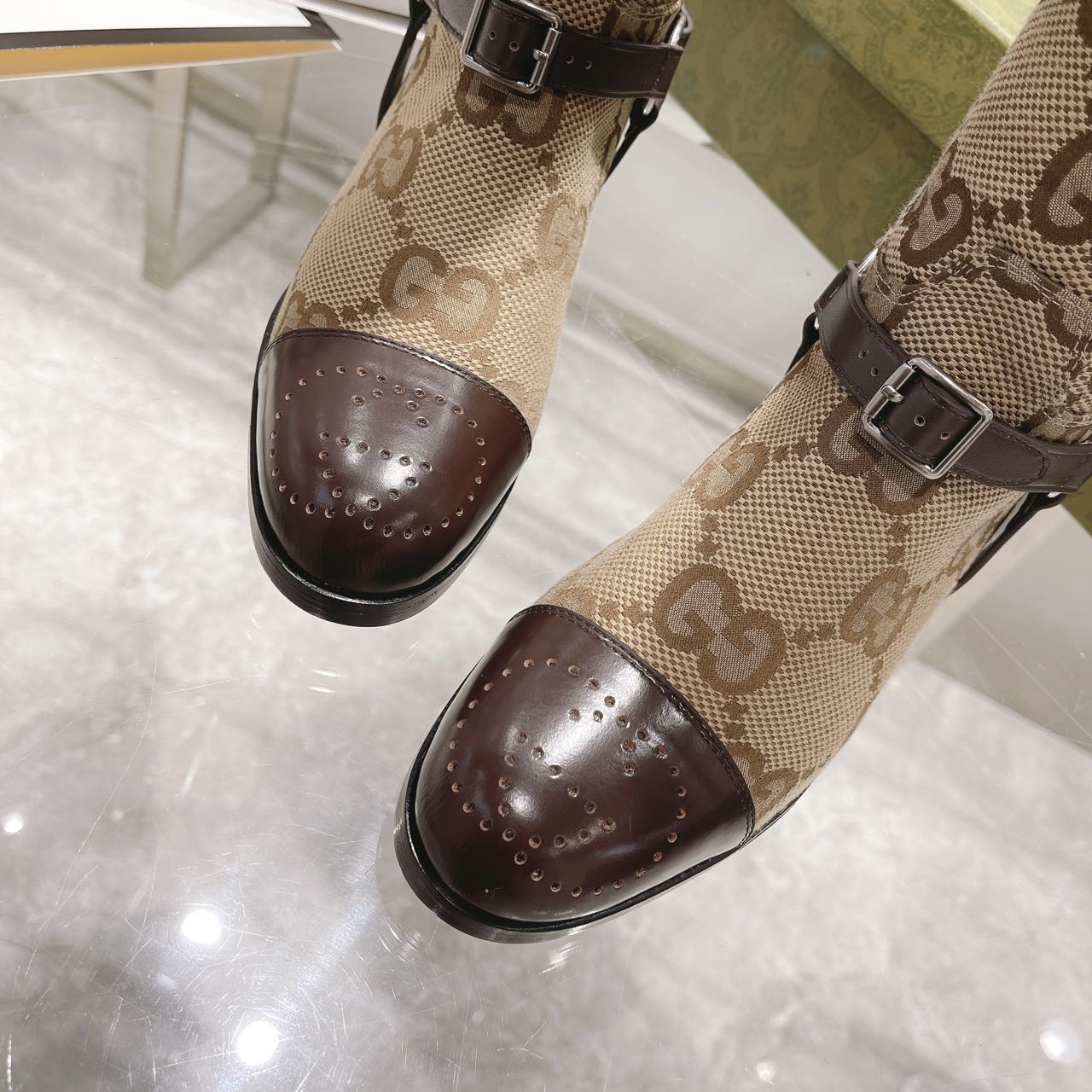 (1:1 replica) Gucci Knee-High Boot With Harness Beige For Women GG 674673 UKO50 2597