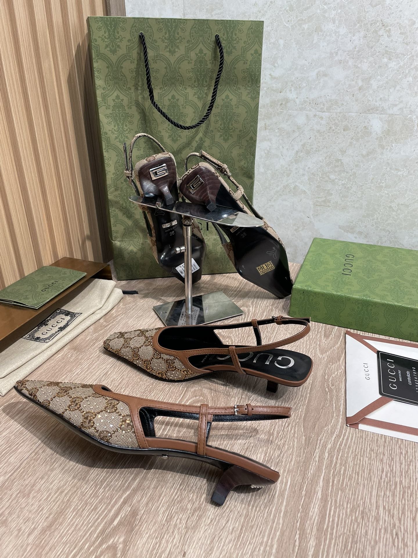 (1:1 replica) Gucci Women s GG Slingback Pump By Fabric Brown For Women GG