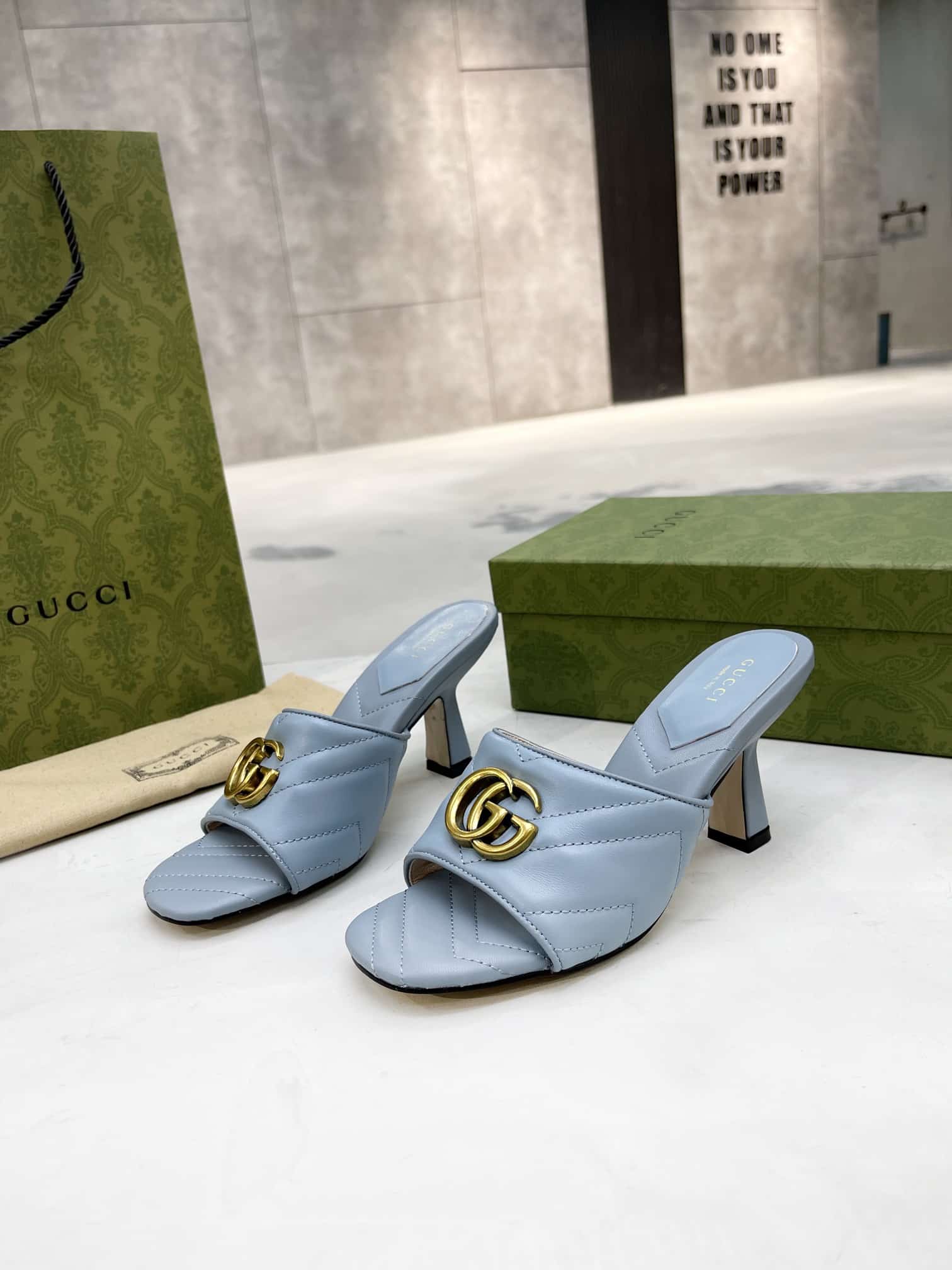 (1:1 replica) Gucci Double G Slide Sandal Chevron Matelasse Blue For Women GG