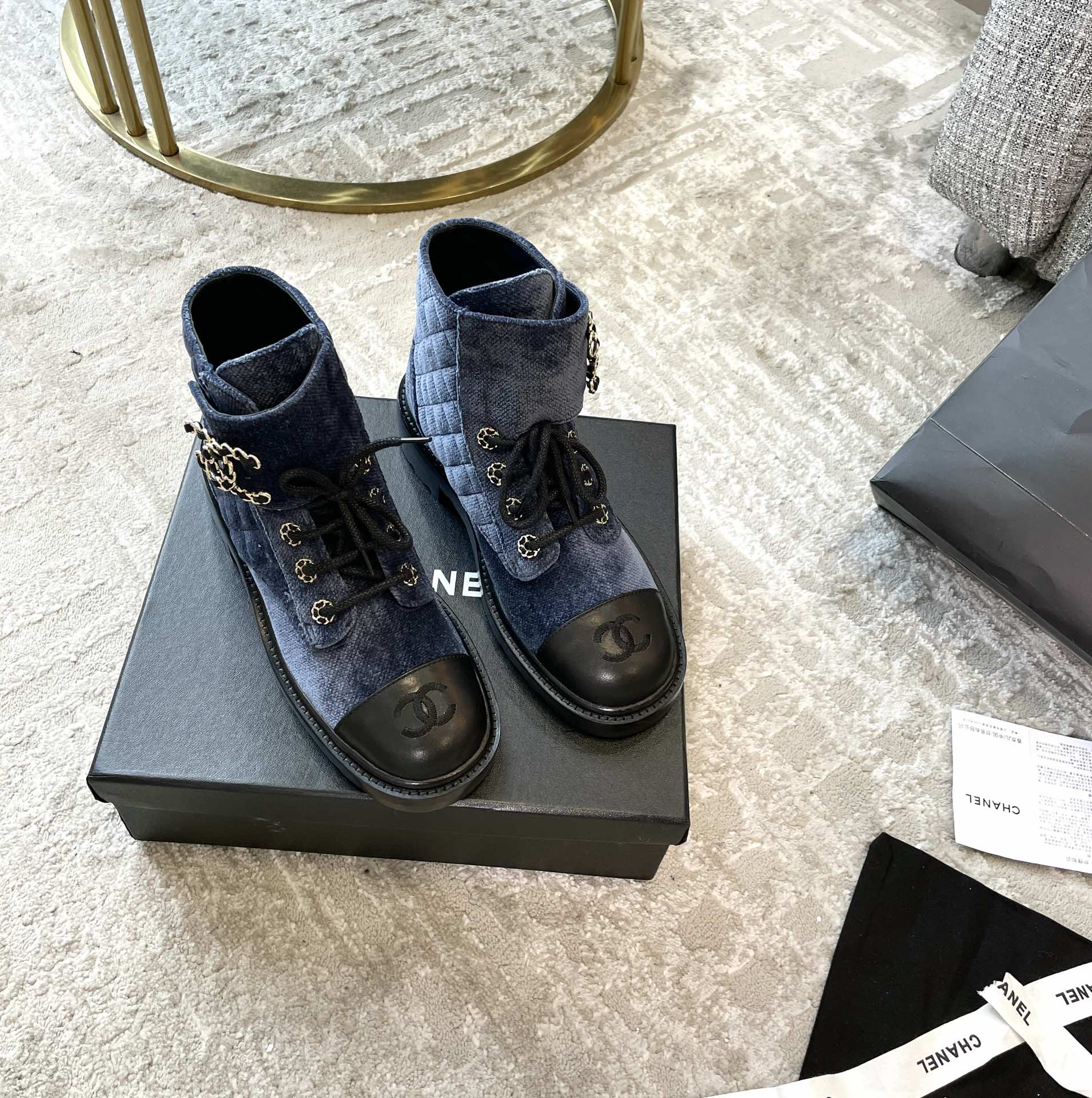 (1:1 replica) Chanel Women s Lace- Ups Wool Fabric Blue For Women 1.5in/ 4cm
