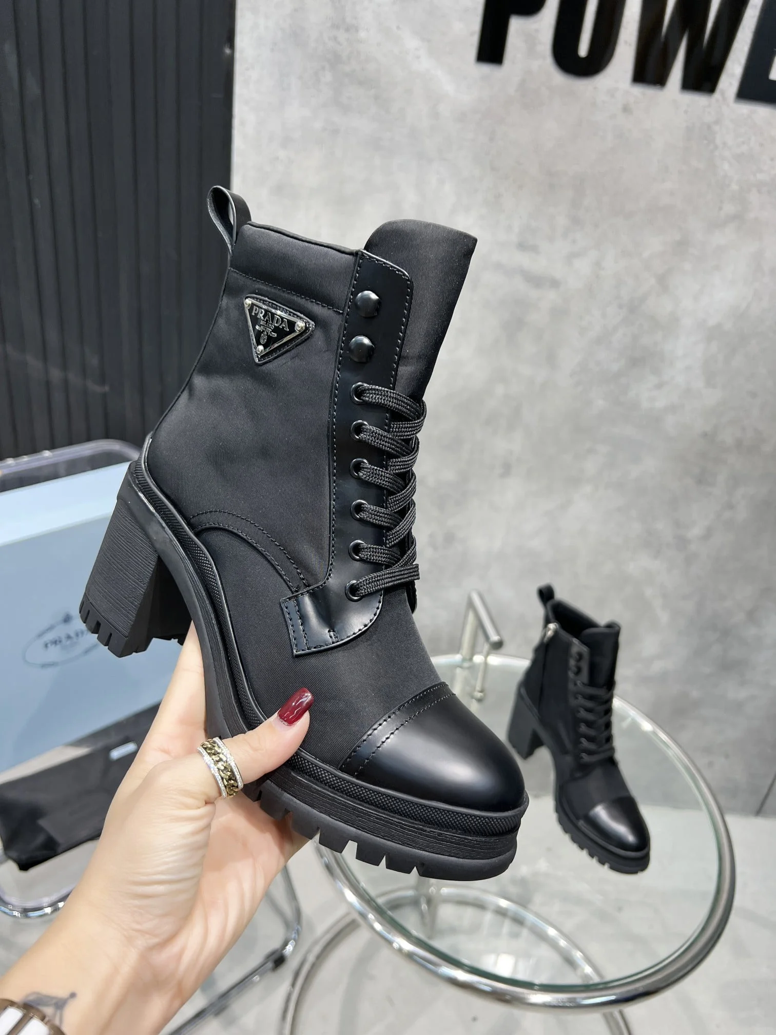 (1:1 replica) Prada Tronchetti Lace-Up Boot Black For Women PRD 187408001612380
