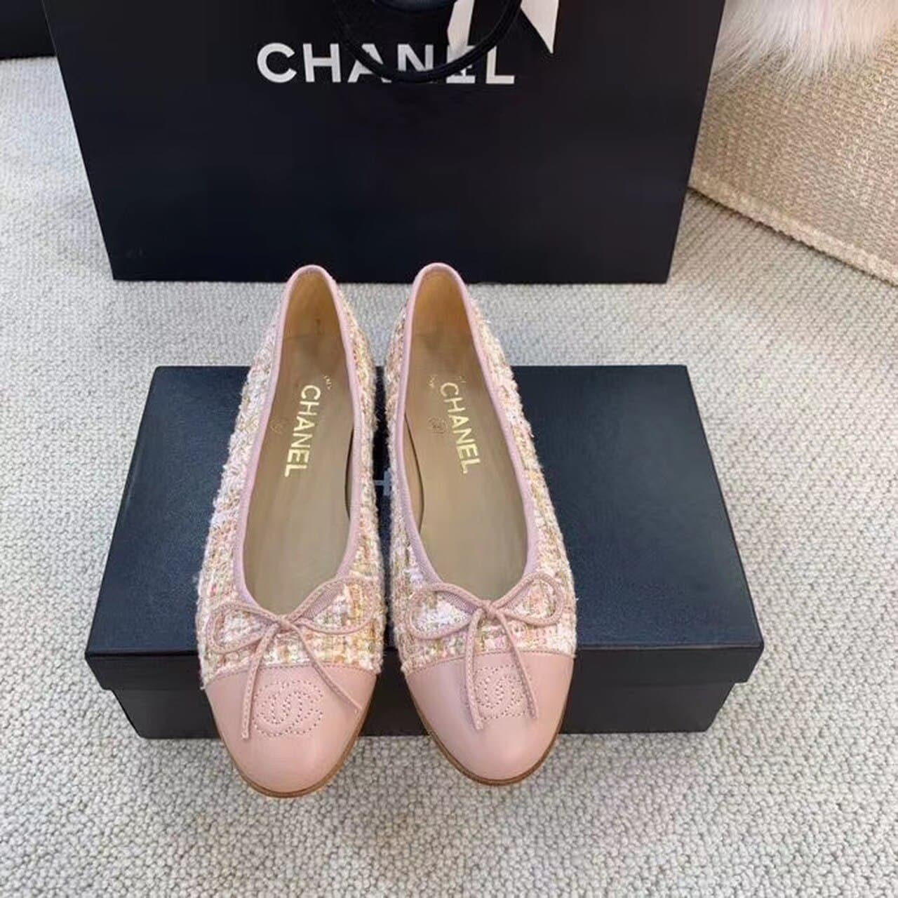 (1:1 replica) Chanel Ballerina Flats Tweed and Grosgrain Light Pink For Women, Women s Shoes G02819