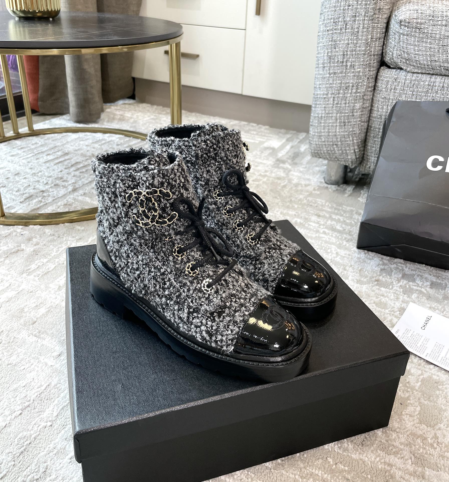 (1:1 replica) Chanel Women s Lace- Ups Wool Fabric Grey For Women 1.5in/ 4cm
