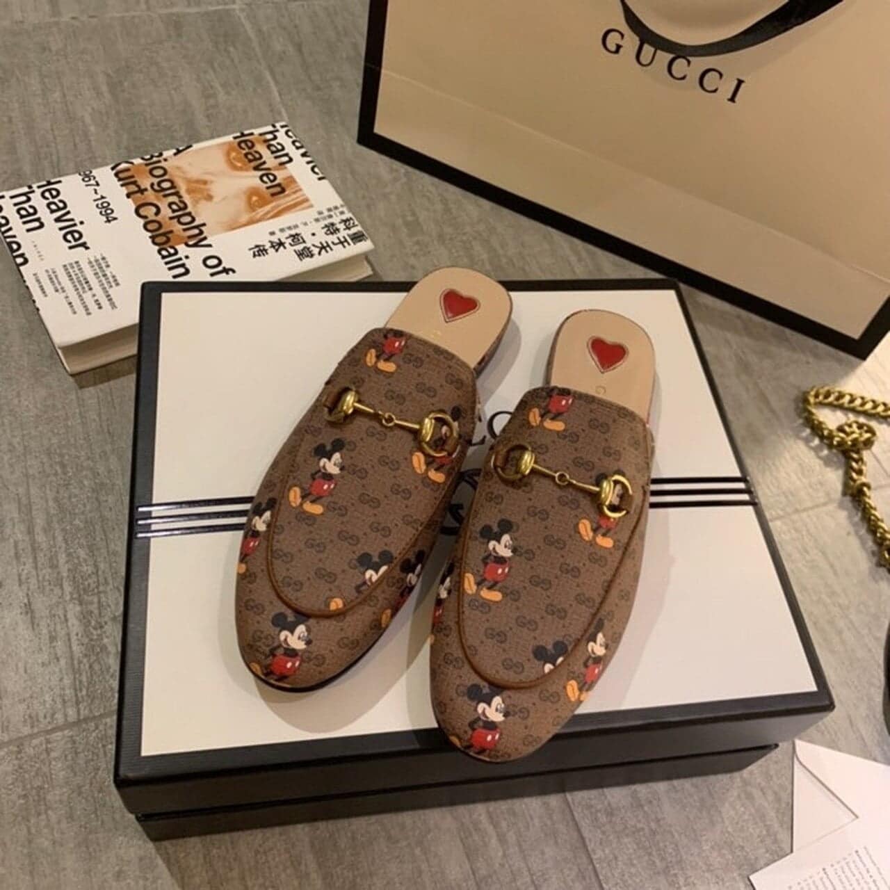 (1:1 replica) Gucci x Disney Princetown Mules Brown For Women GG