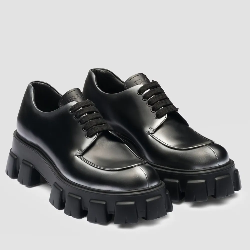 (1:1 replica) Prada Monolith Lace-up Loafers in Black Brushed Leather PRL009