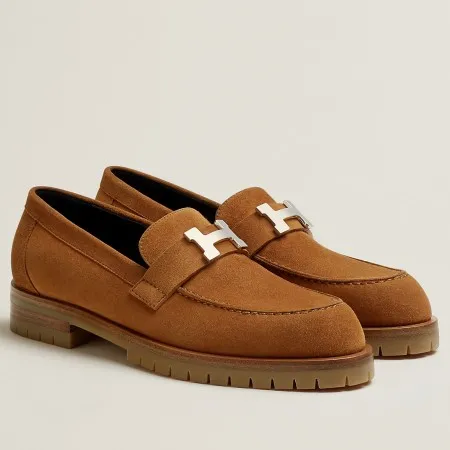 (1:1 replica) Hermes Women s Faubourg Loafers in Brown Suede Leather HM075