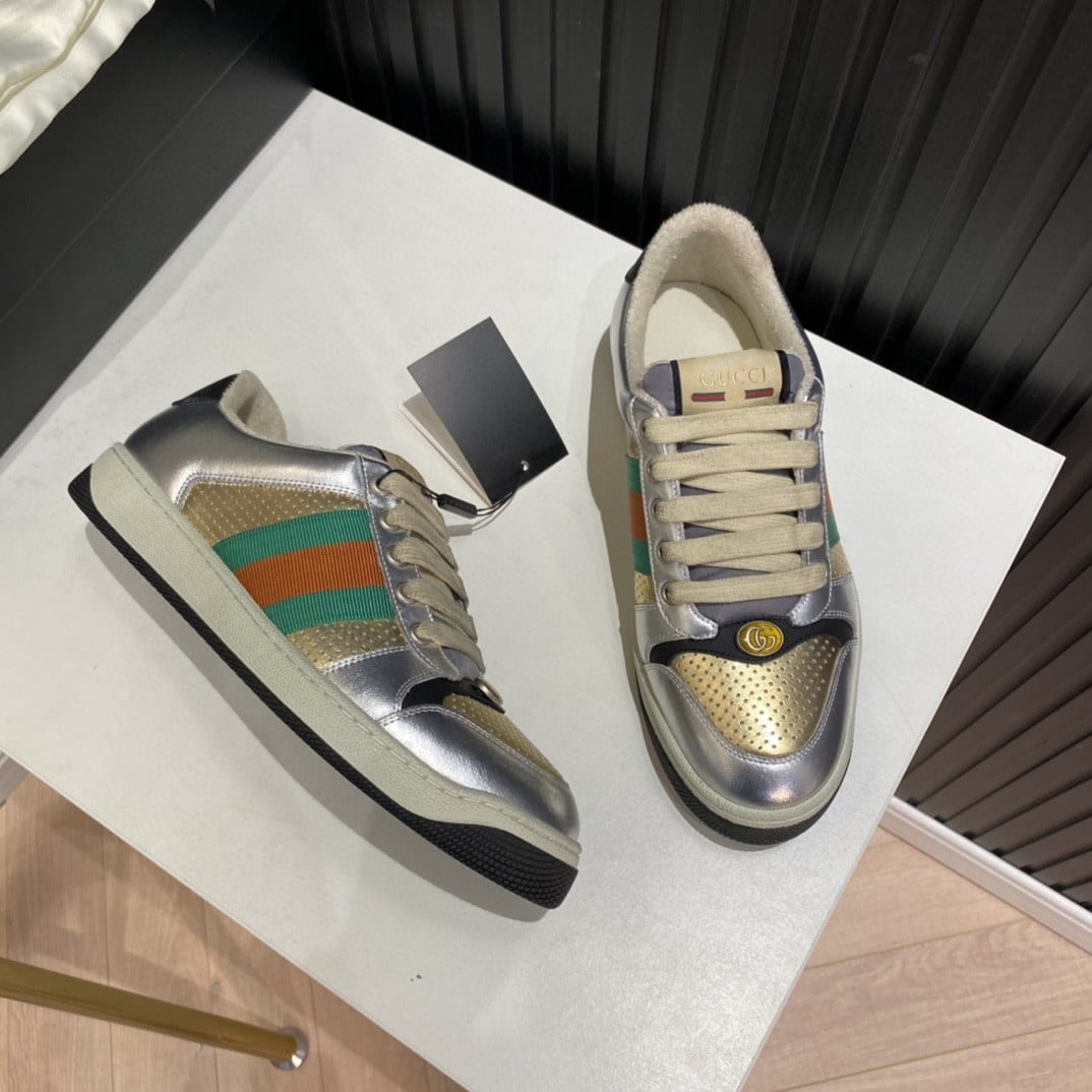 (1:1 replica) Gucci Women s Screener Low Top Sneakers Silver Gold For Women 627833 1TR20 8162