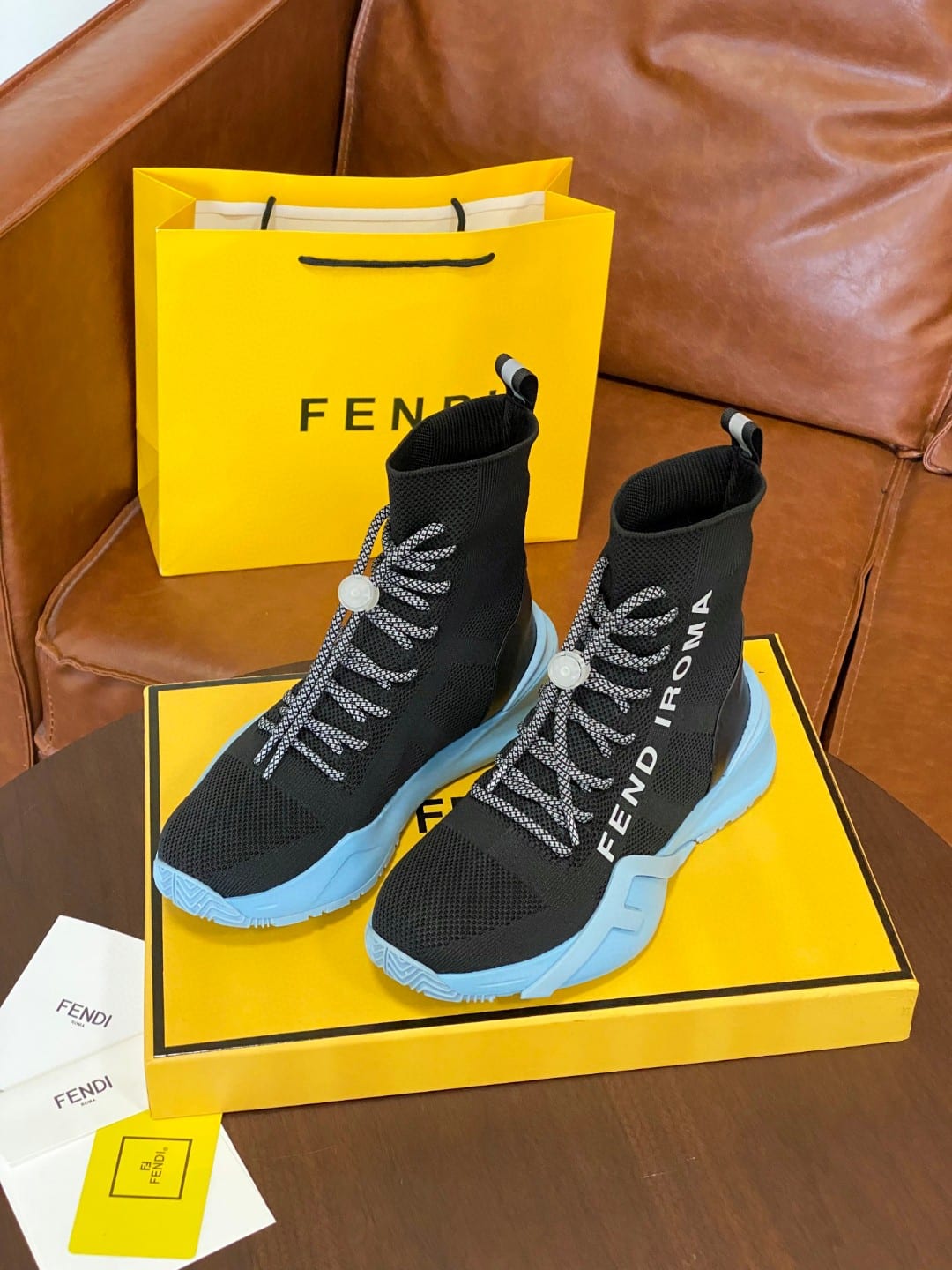 (1:1 replica) Fendi High Top Sneakers Black Blue For Women