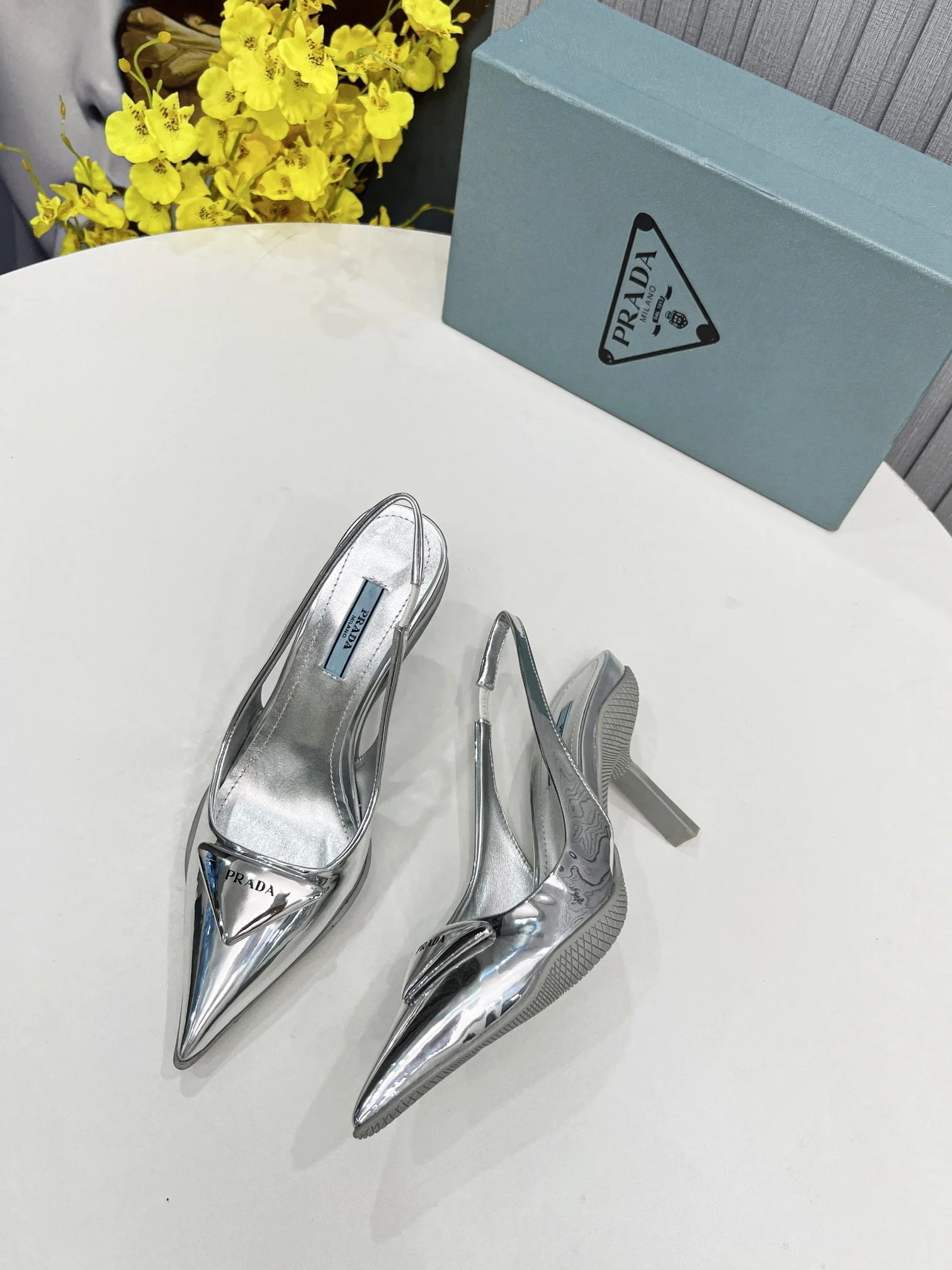 (1:1 replica) Prada Brushed Slingback Pumps Silver For Women PRD 1I565M_055_F0118_F_B090