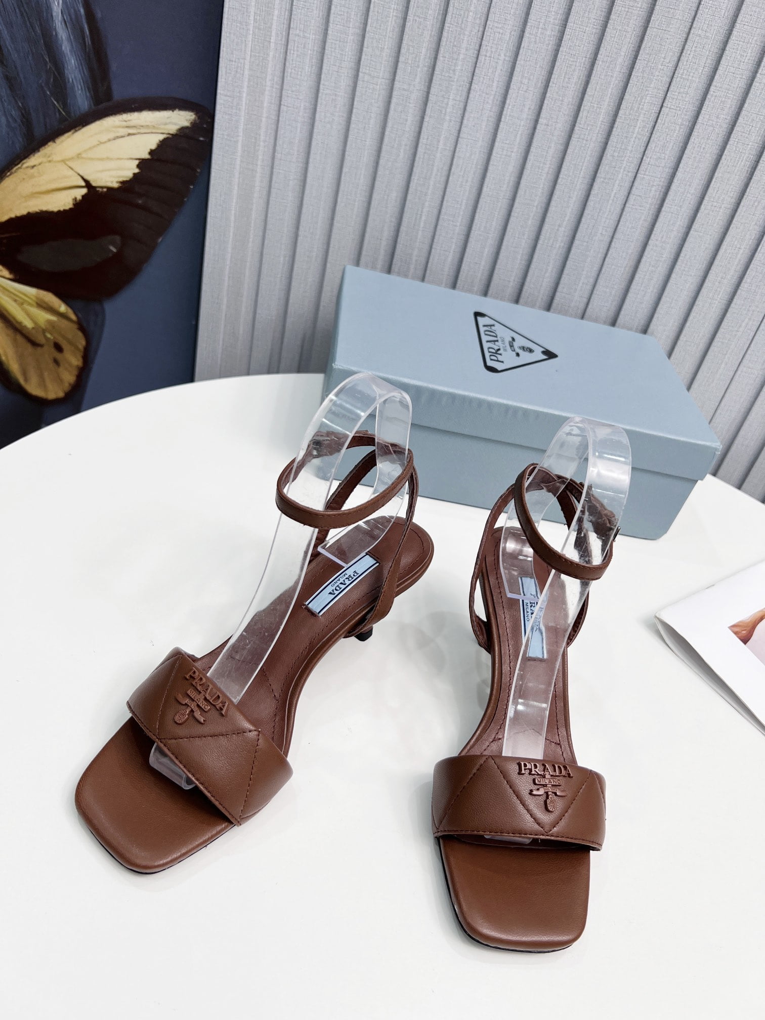 (1:1 replica) Prada Quilted Nappa Sandals Brown For Women 2.6in/65mm PRD