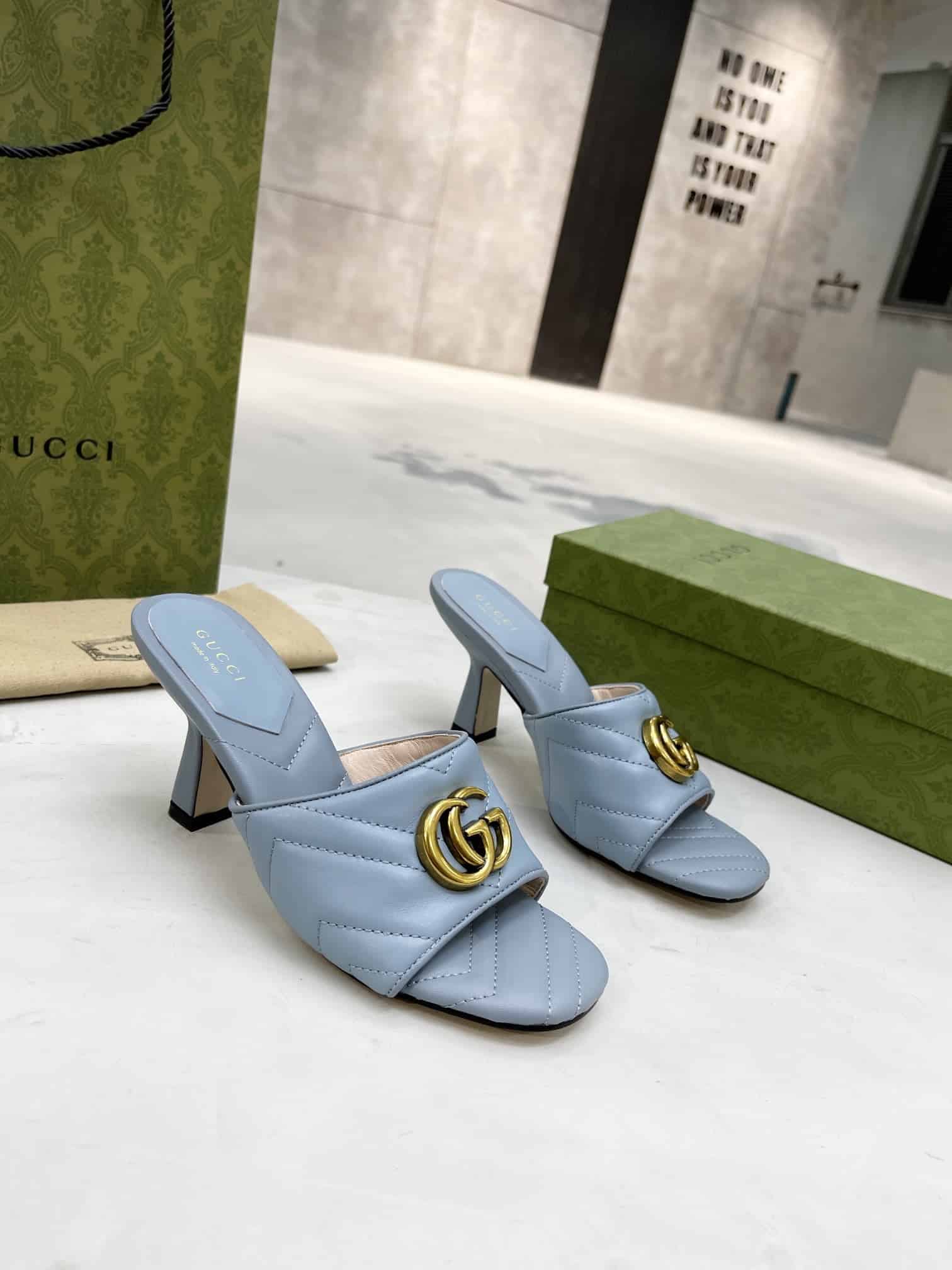 (1:1 replica) Gucci Double G Slide Sandal Chevron Matelasse Blue For Women GG