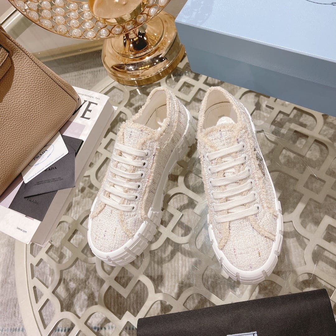 (1:1 replica) Prada Gabardine Canva Double Wheel Sneakers Beige For Women 2in/50mm PRD